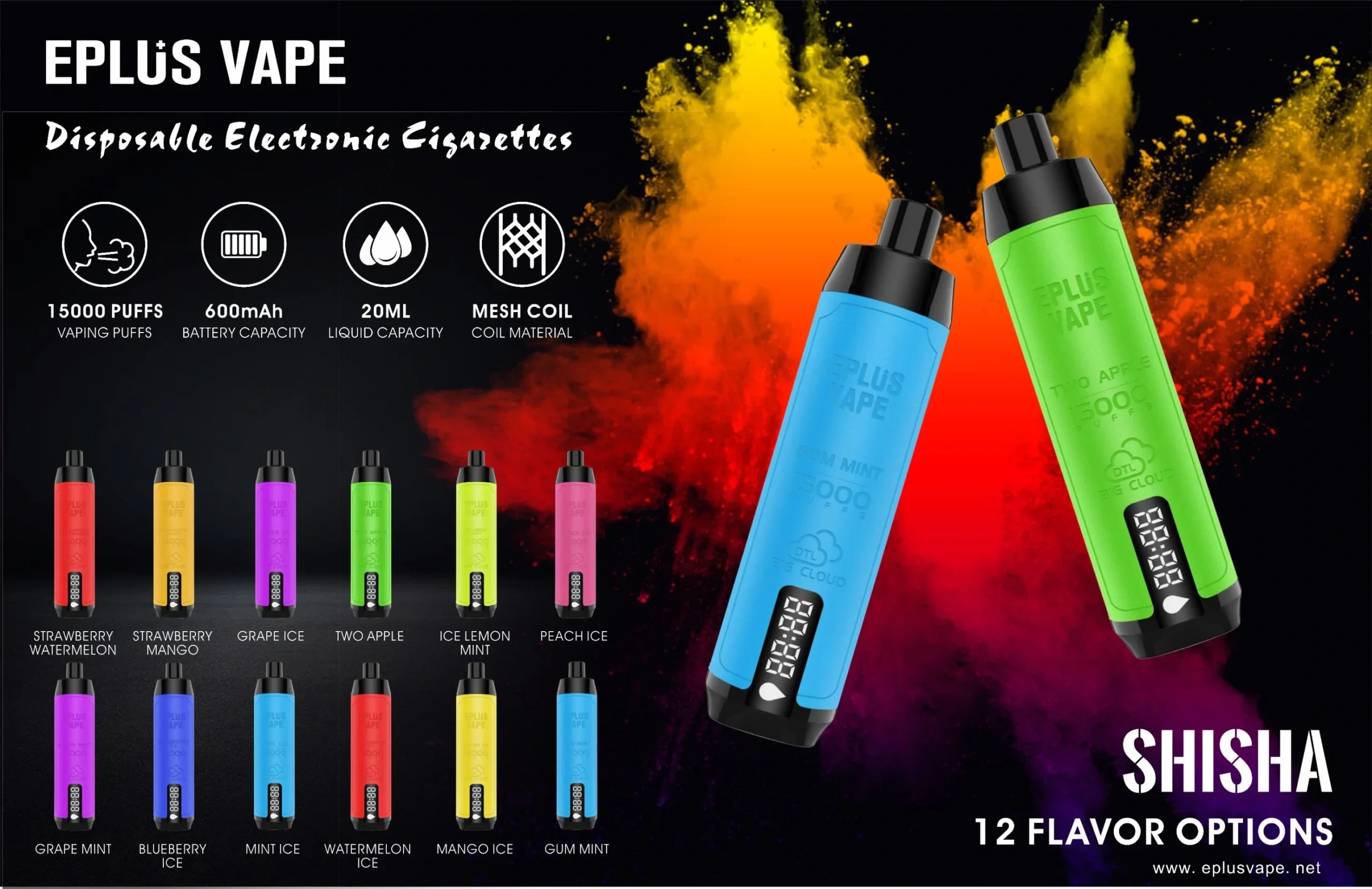 EPLUS Vape Shisha 15000 Puffs Rechargeable Gros Vapes Jetables Stylo En Vrac Acheter 0.6% Faible Nicotine