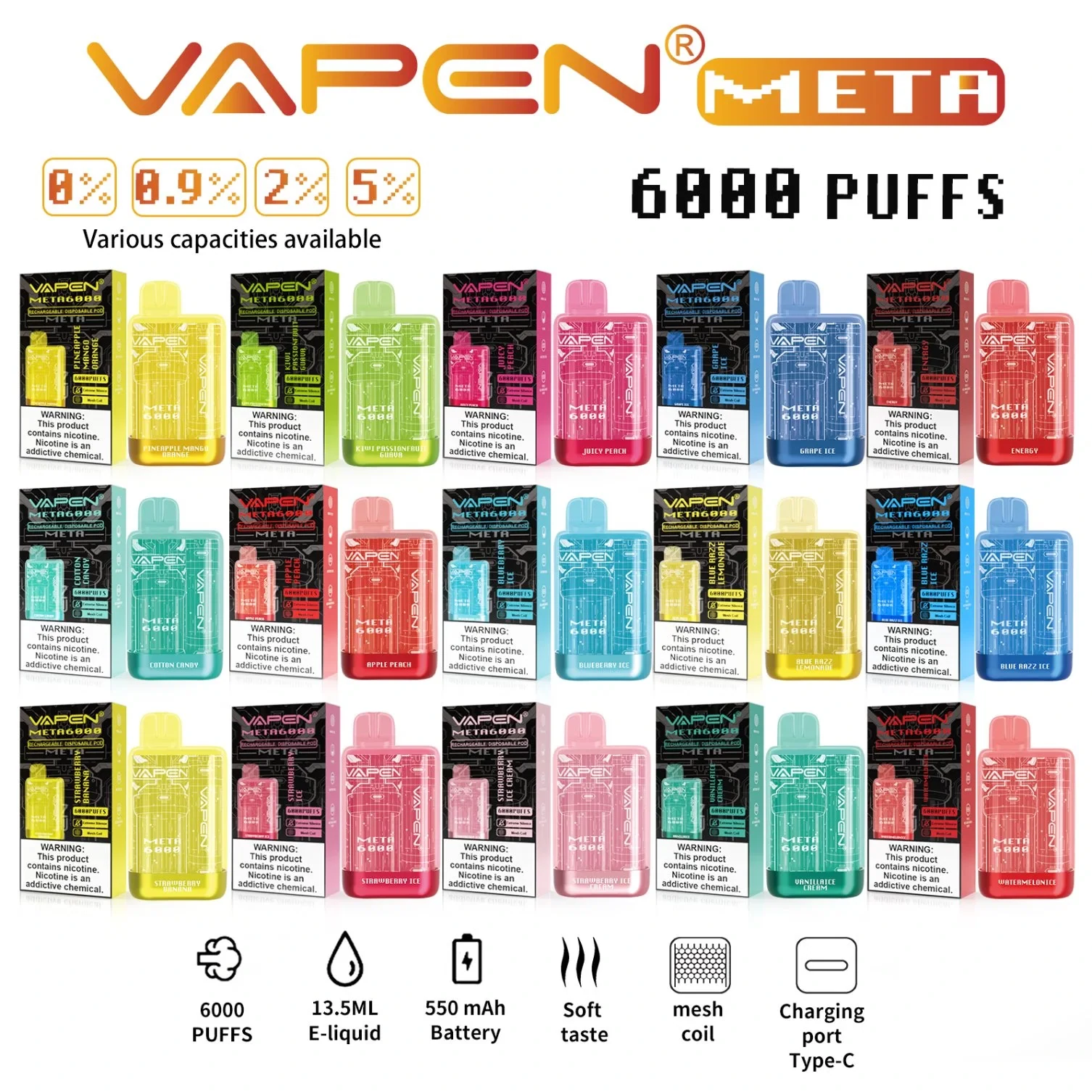 Vapen Meta 6000 Puffs Acquista all'ingrosso Penna per vaporizzatori usa e getta ricaricabile all'ingrosso 2% 5% Basso contenuto di nicotina