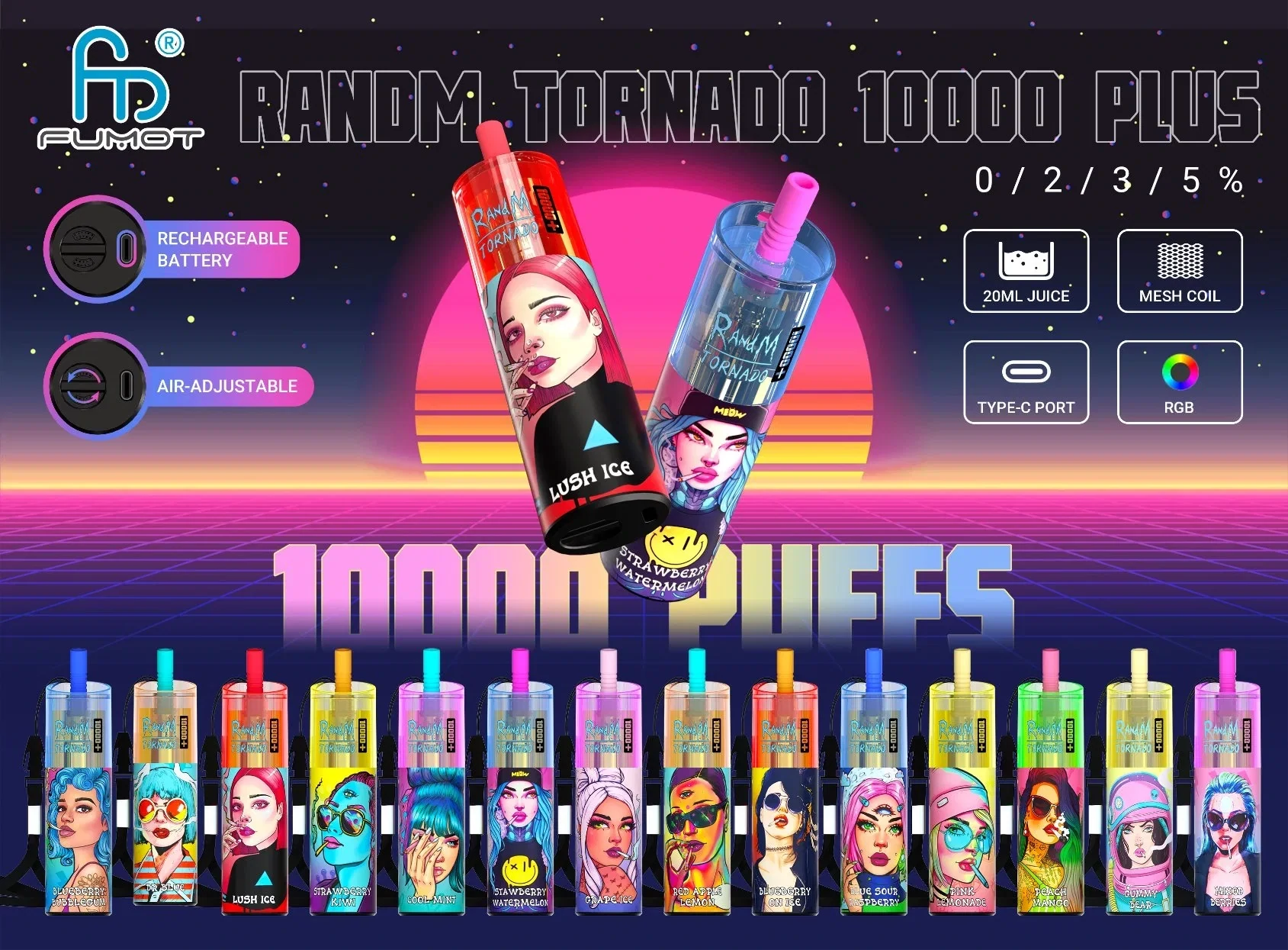 Randm Tornado 10000 Puffs 0% 2% 3% 5% Χαμηλής περιεκτικότητας σε νικοτίνη επαναφορτιζόμενη μίας χρήσης στυλό Vapes Χονδρική Αγορά Μαζική