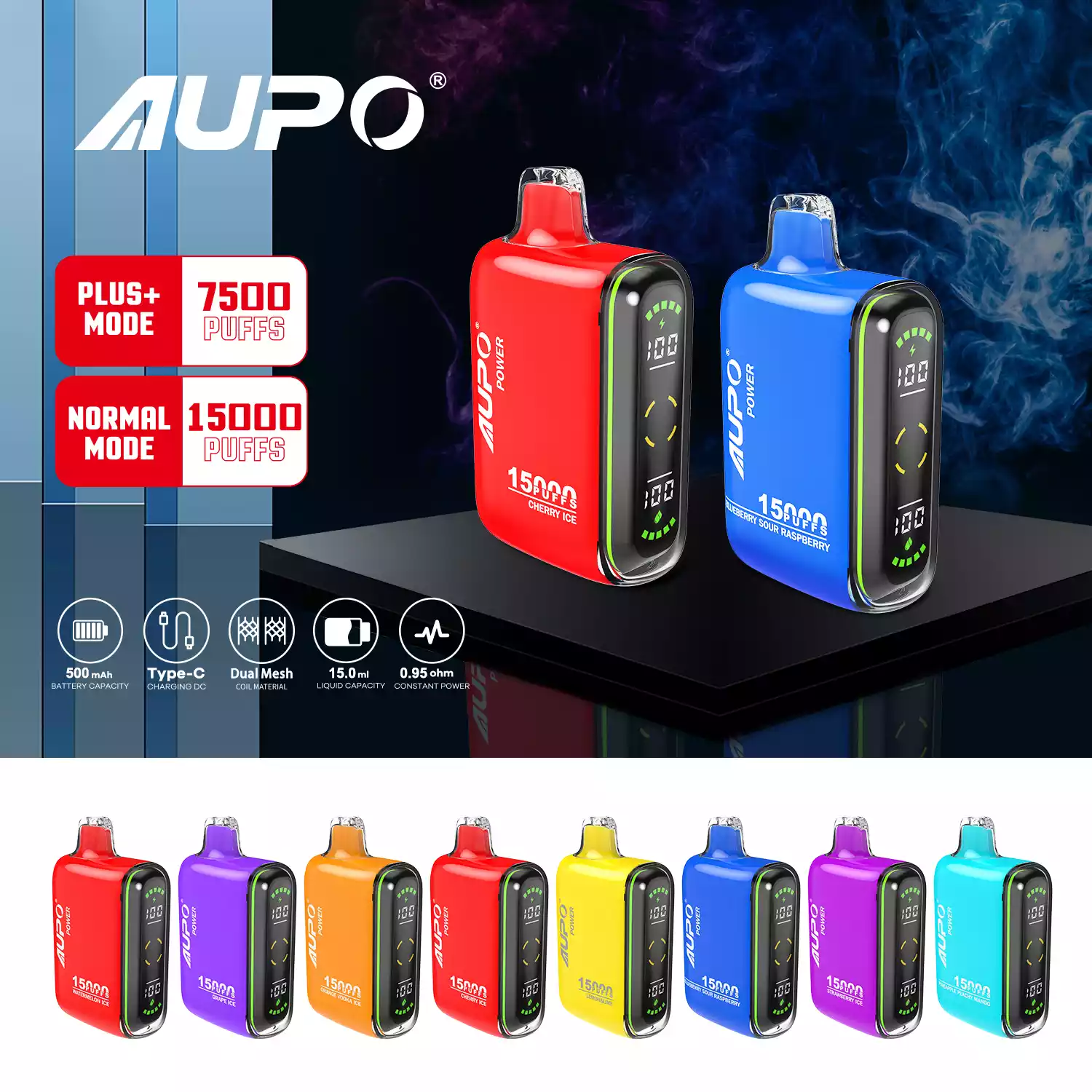 AUPO 15000 Puffs Μίας χρήσης Στυλό Vape Mesh Coil Χονδρική επαναφορτιζόμενη μπαταρία 0% 2% 3% 5% Χαμηλή νικοτίνη Μαζική Αγορά