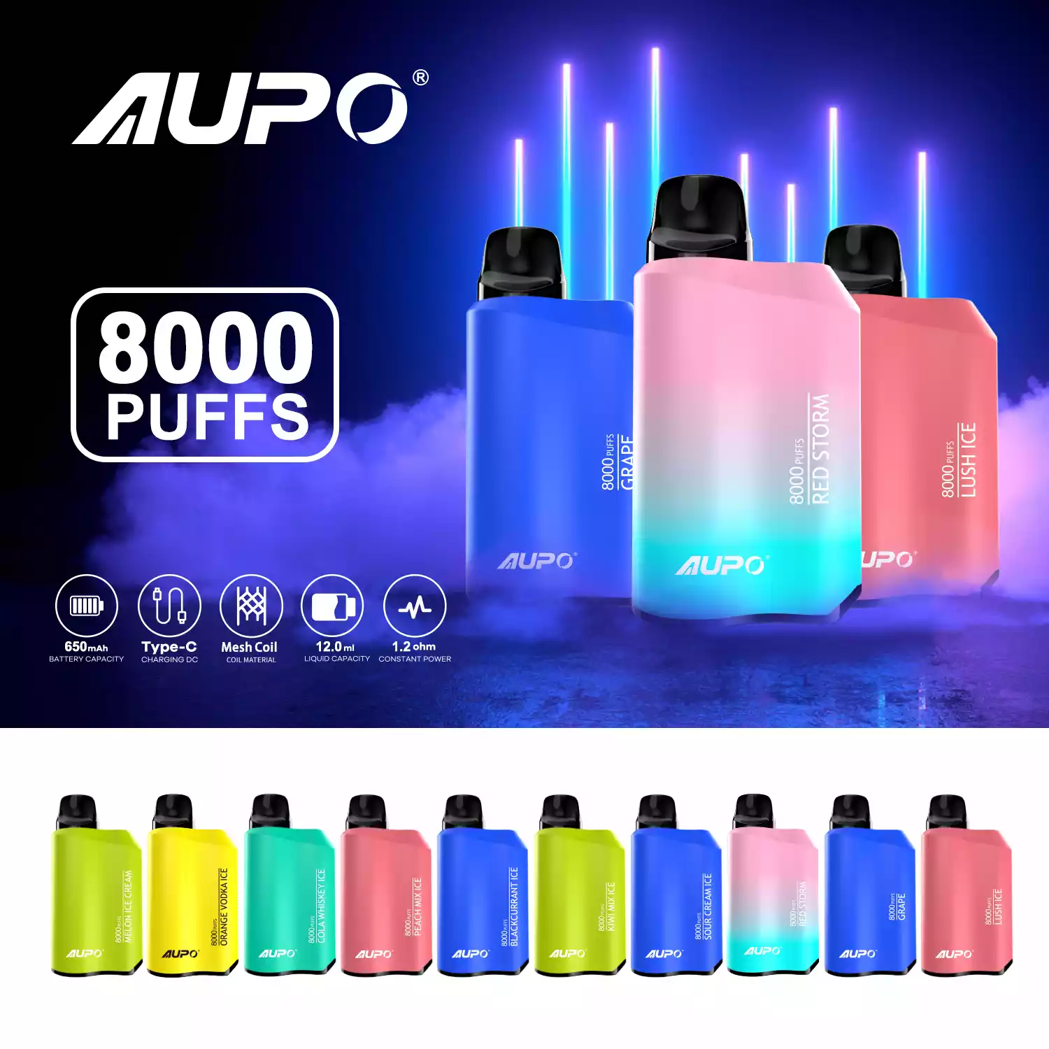 AUPO 8000 Puffs Veleprodajna polnilna baterija za enkratno uporabo Vapes Pen 0% 2% 3% 5% Low Nikotine 12 ml Mesh Coil Bulk Buy